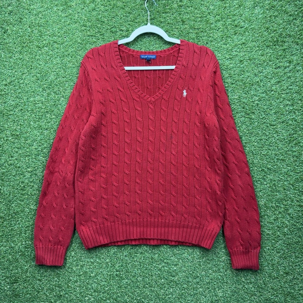 Vintage Polo Ralph Lauren Sweater Womens XL Cable Knit Red Preppy V Neck 90s